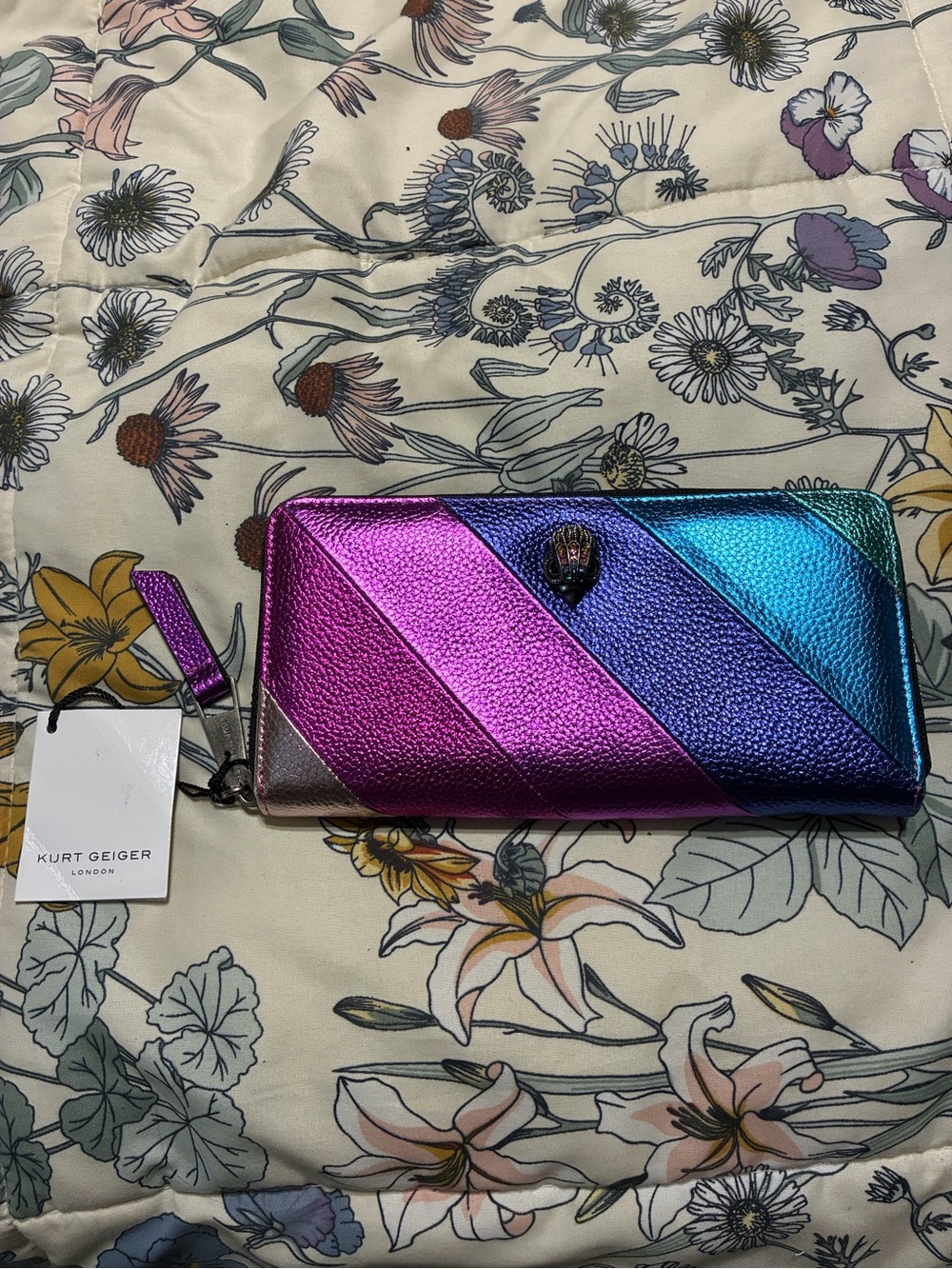 Kurt Geiger Metallic Diagonal Stripe Zip Wallet in Pink, Blue & Teal